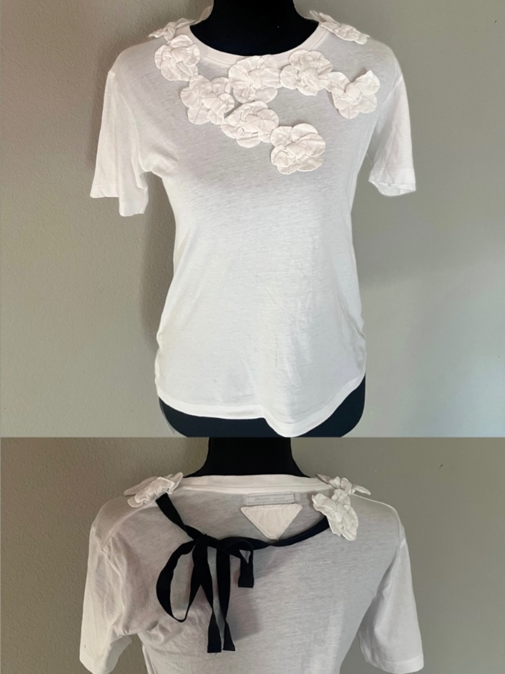 PRADA White Floral Appliquรฉ Crewneck T-Shirt Small